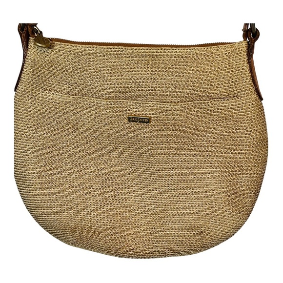 ERIC JAVITS WOVEN SQUISHEE CROSSBODY BAG TAN BROWN GOLD STRAW LEATHER - Picture 11 of 12